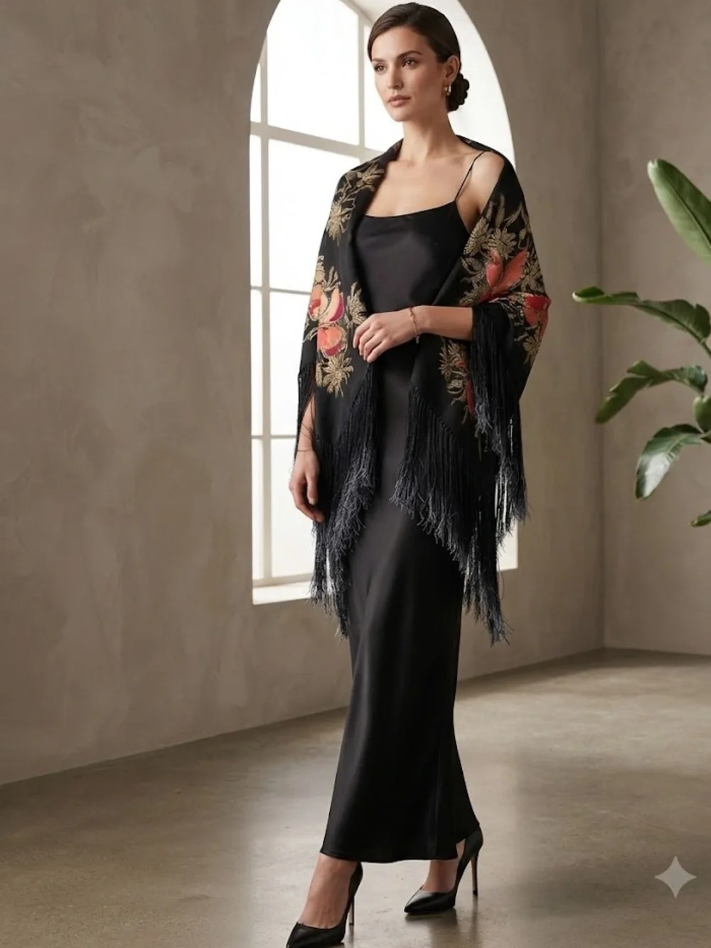 Artisan 100% Silk Embroidered Shawl Hand-Rolled Hem Hand-Knotted Fringe